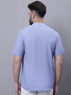 Even Apparels Blue Pure Cotton Short Kurta With Band Collar | Grocsy