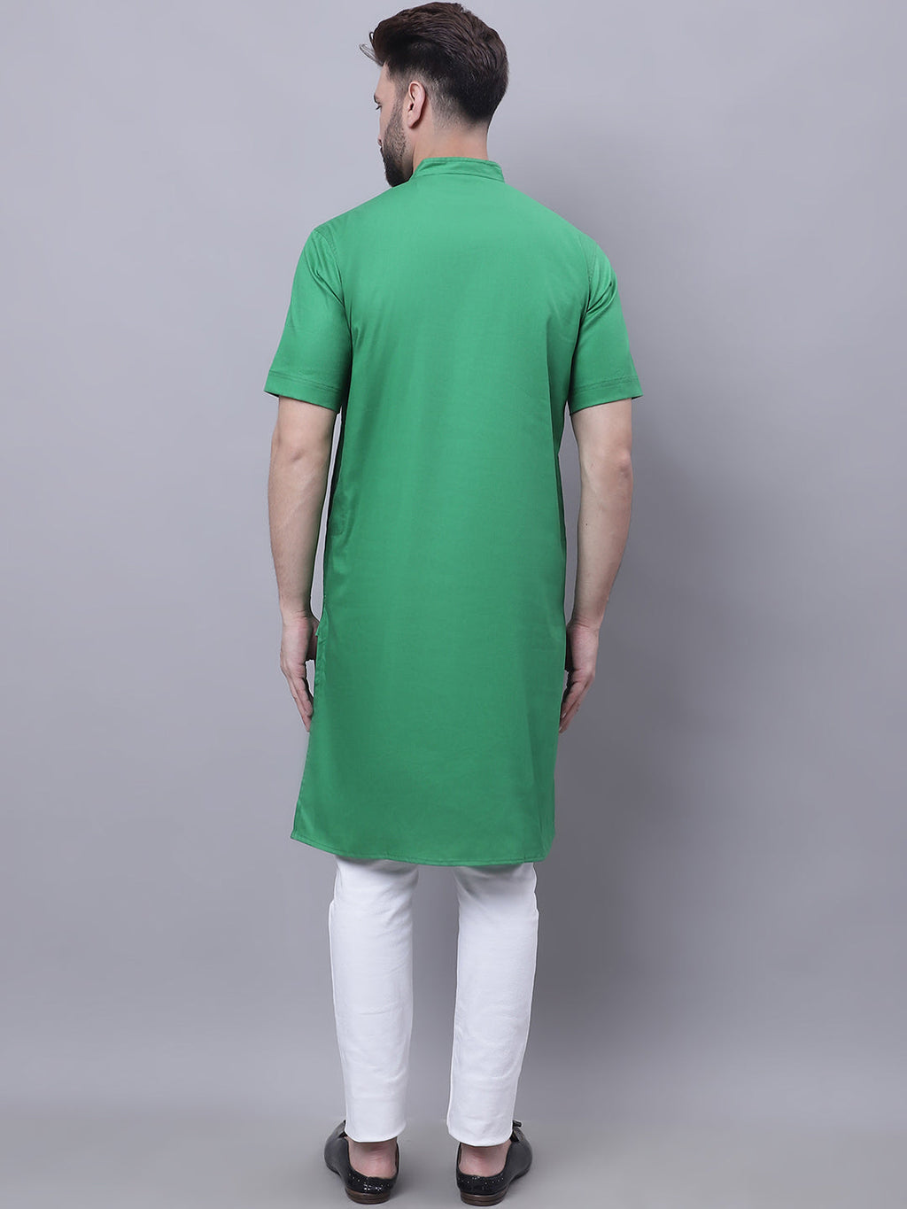 Even Apparels Green Pure Cotton Short Sleeves Kurta With Band Collar | Grocsy