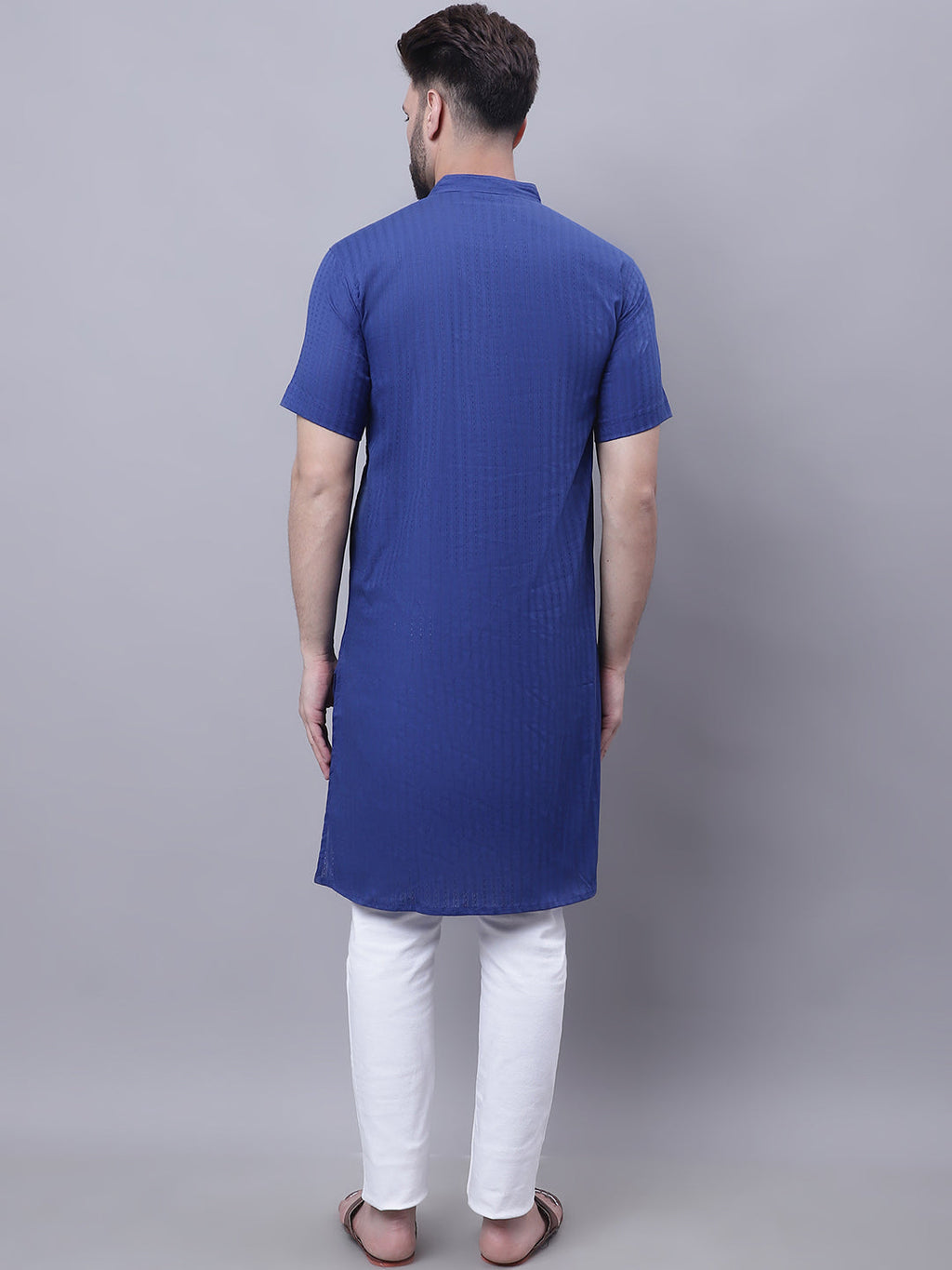 Even Apparels Blue Pure Cotton Short Sleeves Kurta With Band Collar | Grocsy
