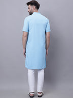 Even Apparels Blue Pure Cotton Short Sleeves Kurta With Band Collar | Grocsy