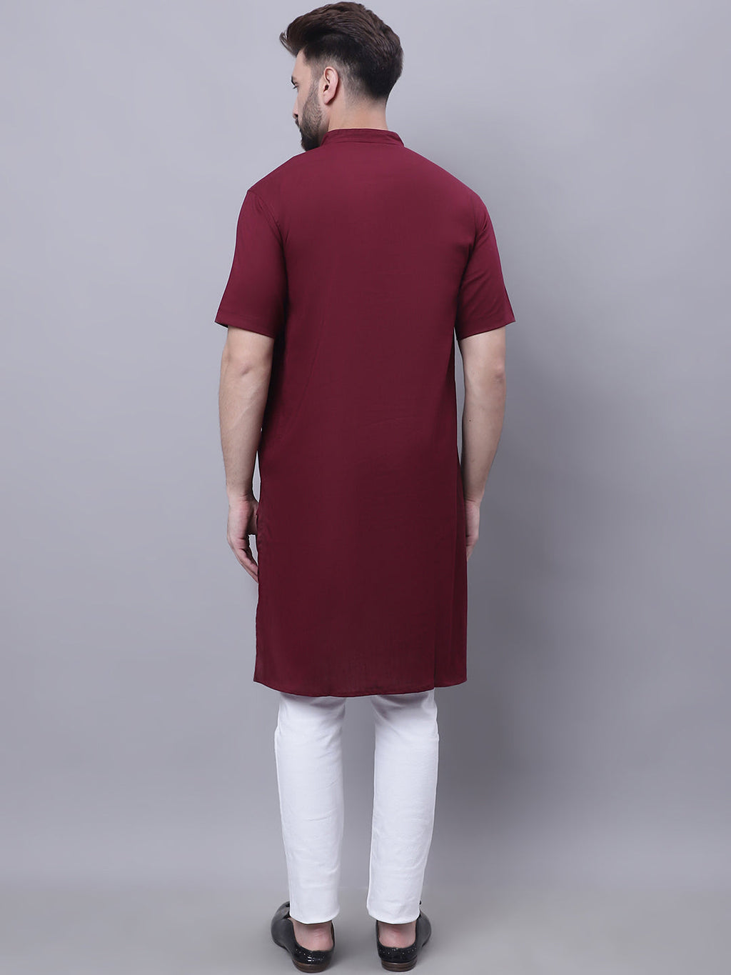 Even Apparels Red Pure Cotton Short Sleeves Kurta With Band Collar | Grocsy