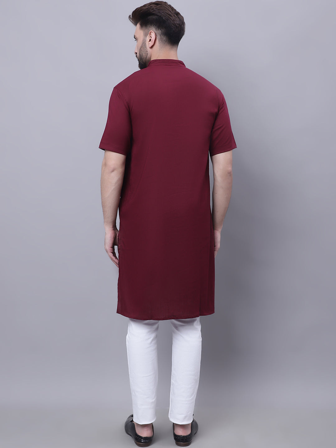 Even Apparels Red Pure Cotton Short Sleeves Kurta With Band Collar | Grocsy