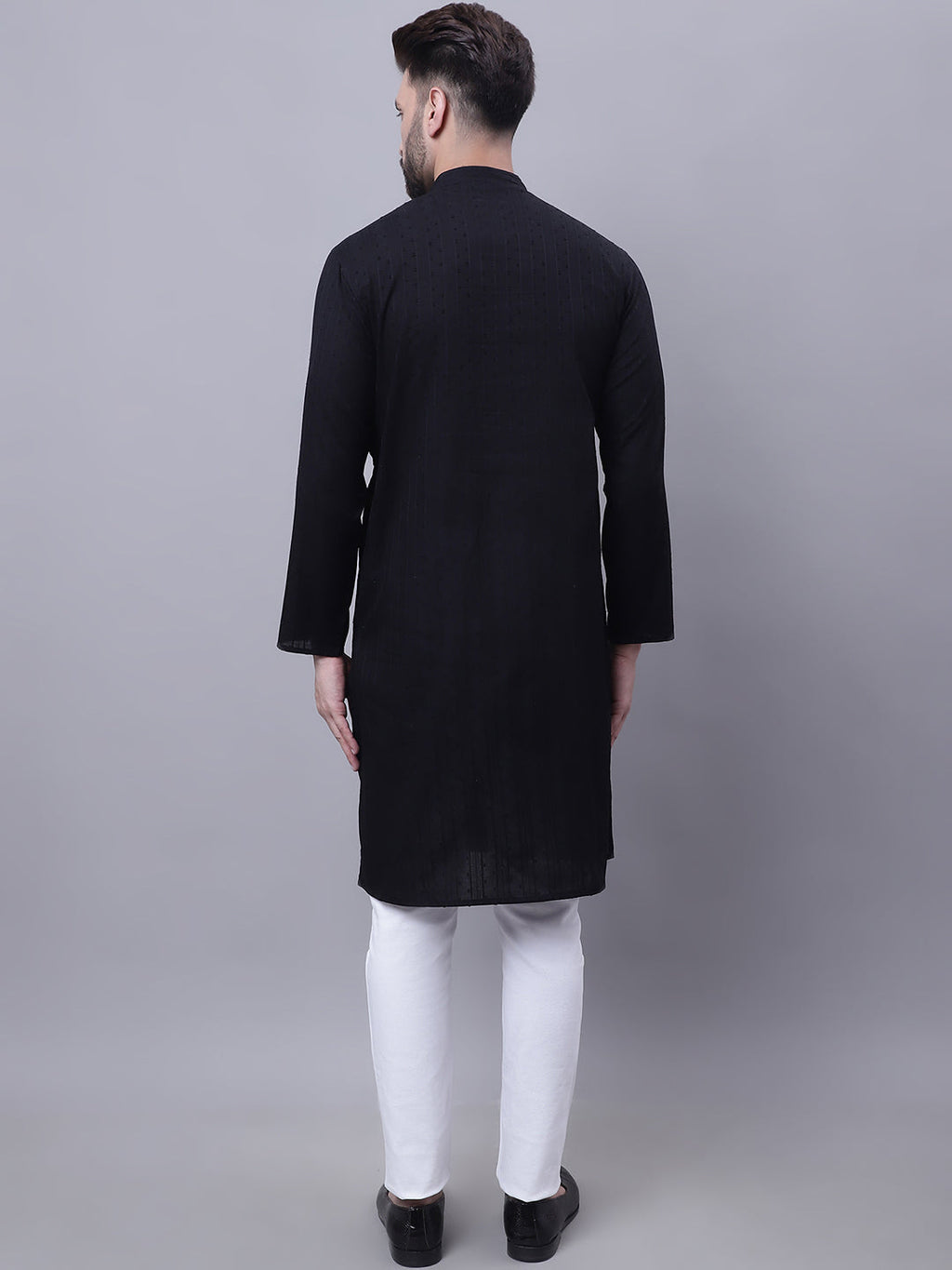 Even Apparels Black Pure Cotton Kurta With Band Collar | Grocsy