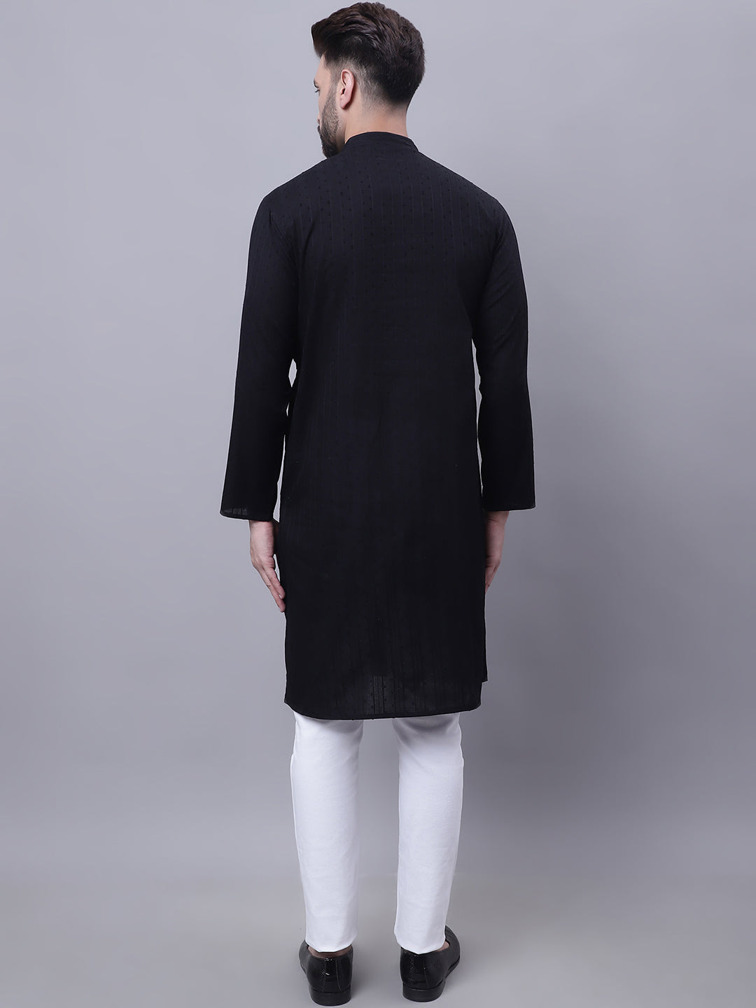 Even Apparels Black Pure Cotton Kurta With Band Collar | Grocsy