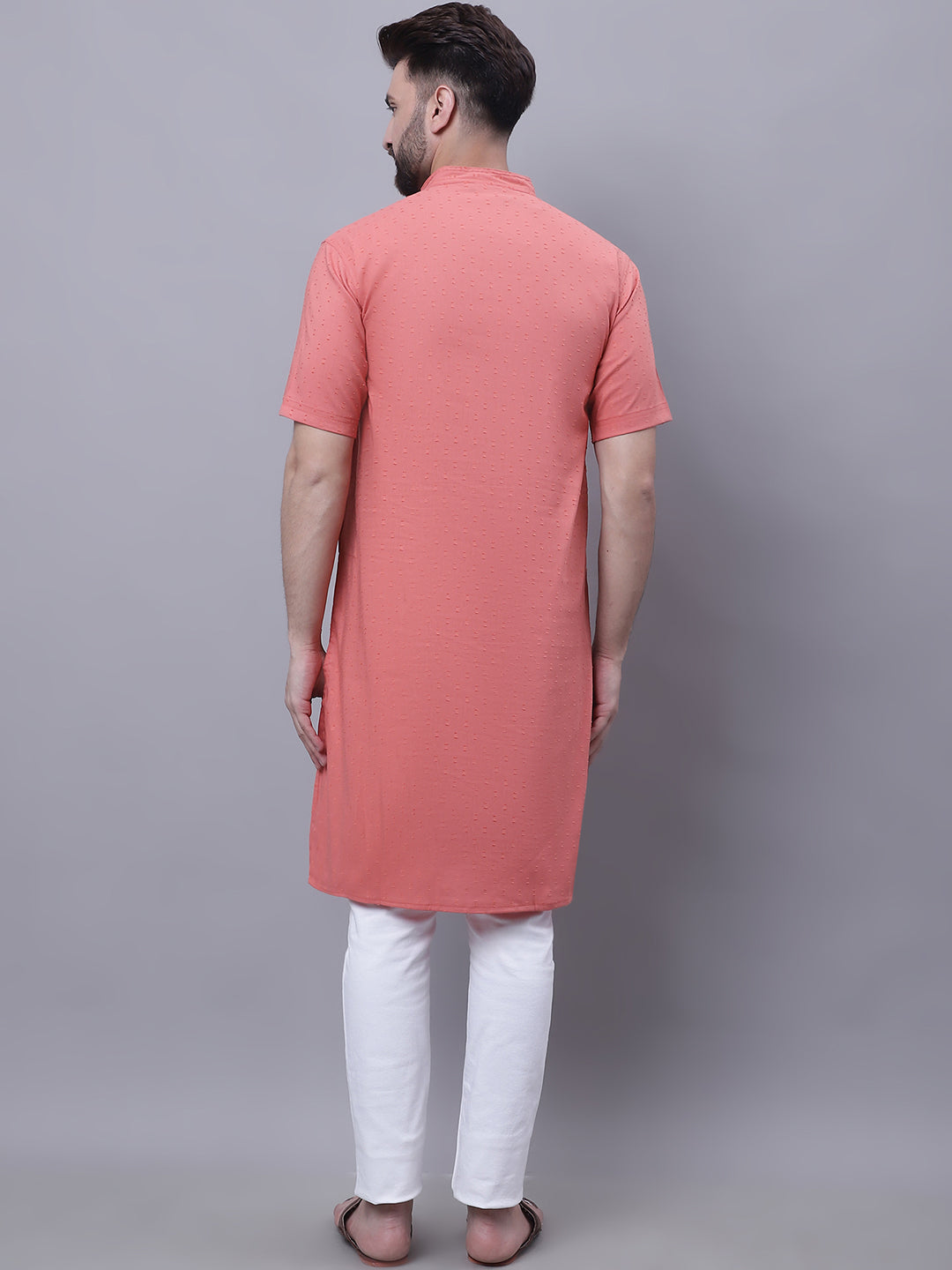 Even Apparels Peach Pure Cotton Short Sleeves Kurta With Band Collar | Grocsy
