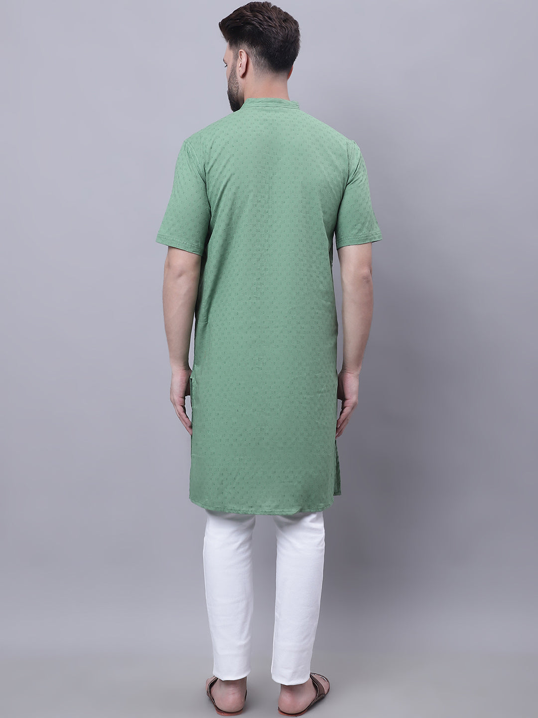 Even Apparels Green Pure Cotton Short Sleeves Kurta With Band Collar | Grocsy