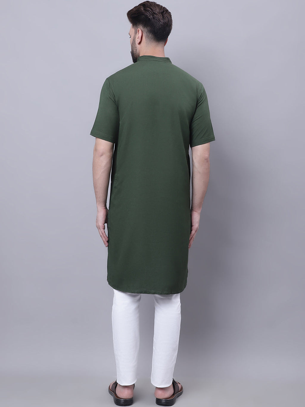 Even Apparels Green Pure Cotton Short Sleeves Kurta With Band Collar | Grocsy
