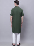 Even Apparels Green Pure Cotton Short Sleeves Kurta With Band Collar | Grocsy