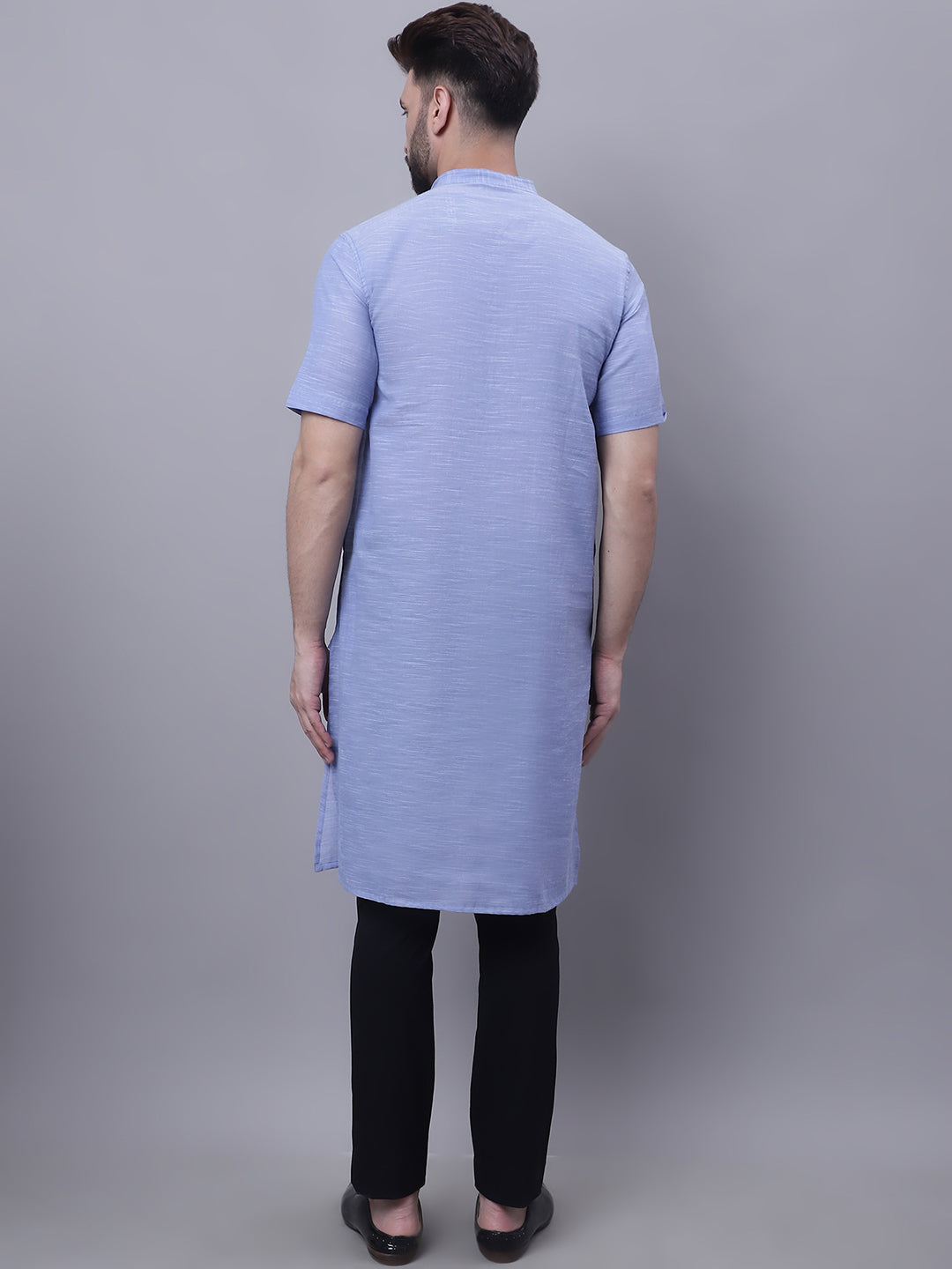 Even Apparels Blue Pure Cotton Short Sleeves Kurta With Band Collar | Grocsy