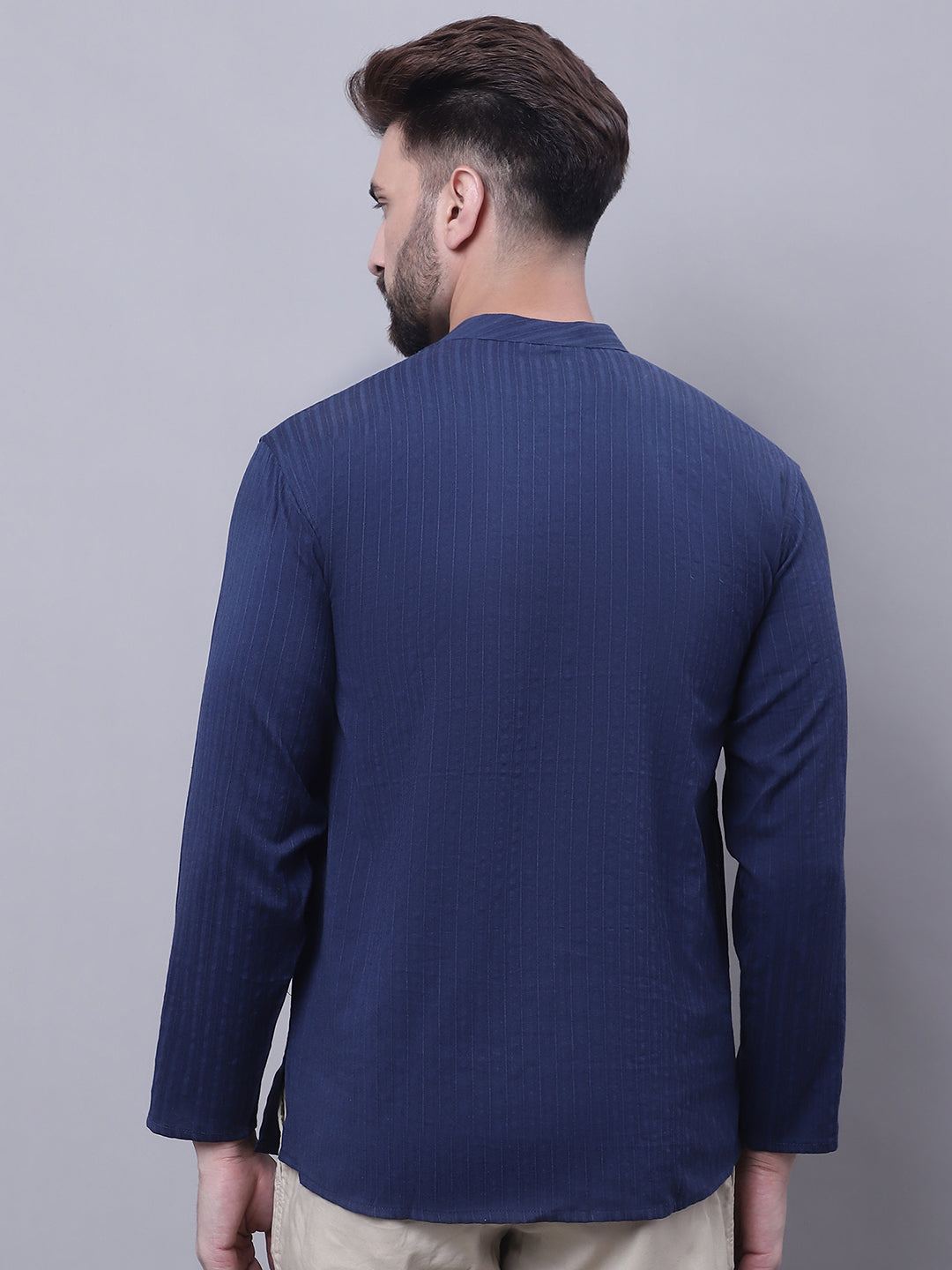 Even Apparels Blue Pure Cotton Short Kurta With Band Collar | Grocsy