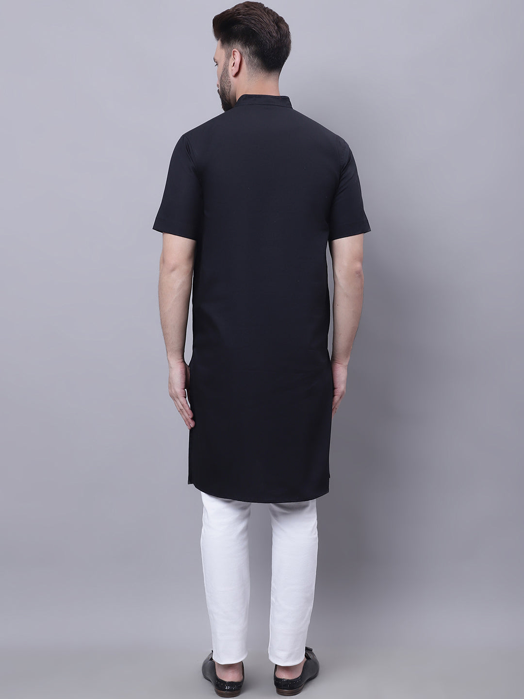 Even Apparels Black Pure Cotton Short Sleeves Kurta With Band Collar | Grocsy