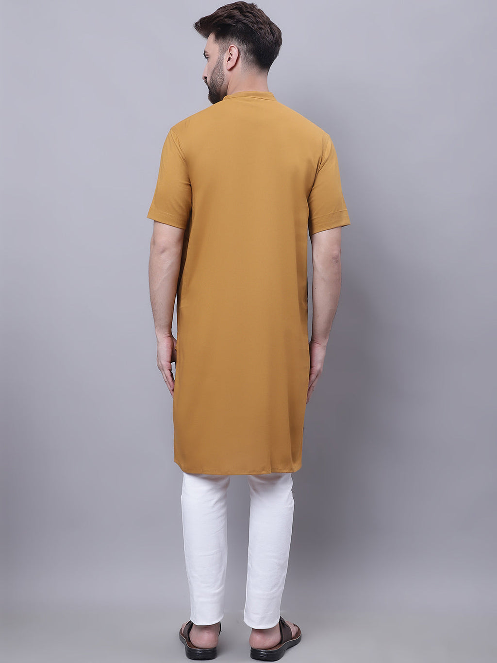 Even Apparels Mustard Pure Cotton Short Sleeves Kurta With Band Collar | Grocsy