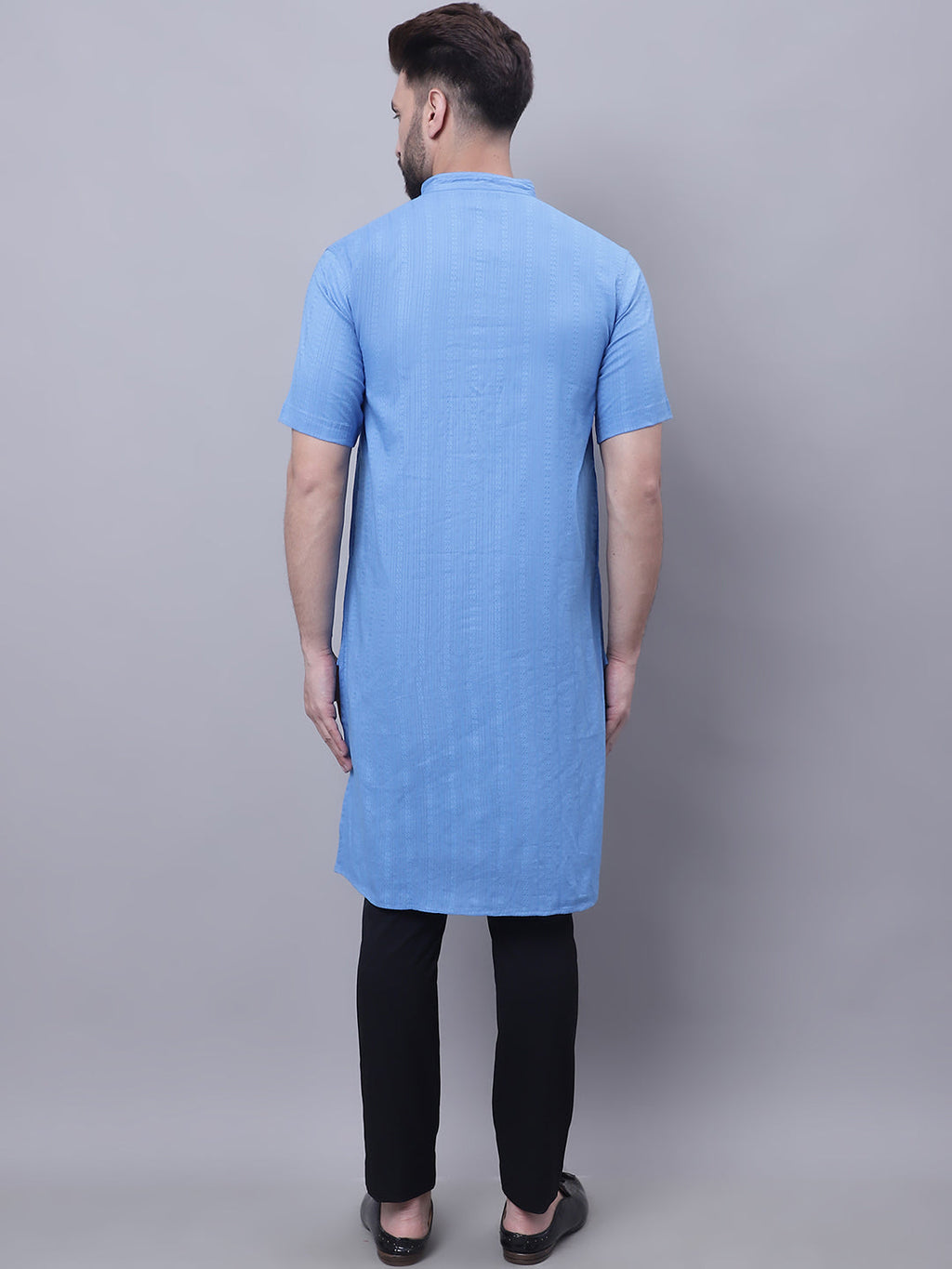 Even Apparels Blue Pure Cotton Short Sleeves Kurta With Band Collar | Grocsy