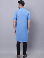 Even Apparels Blue Pure Cotton Short Sleeves Kurta With Band Collar | Grocsy