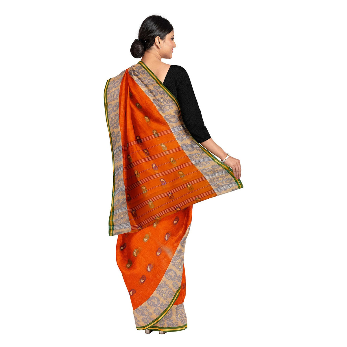 Exclusive Collection 100% Pure Cotton Orange Tant Saree With Hand Weaving Work | Grocsy