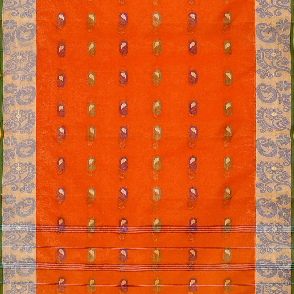Exclusive Collection 100% Pure Cotton Orange Tant Saree With Hand Weaving Work | Grocsy