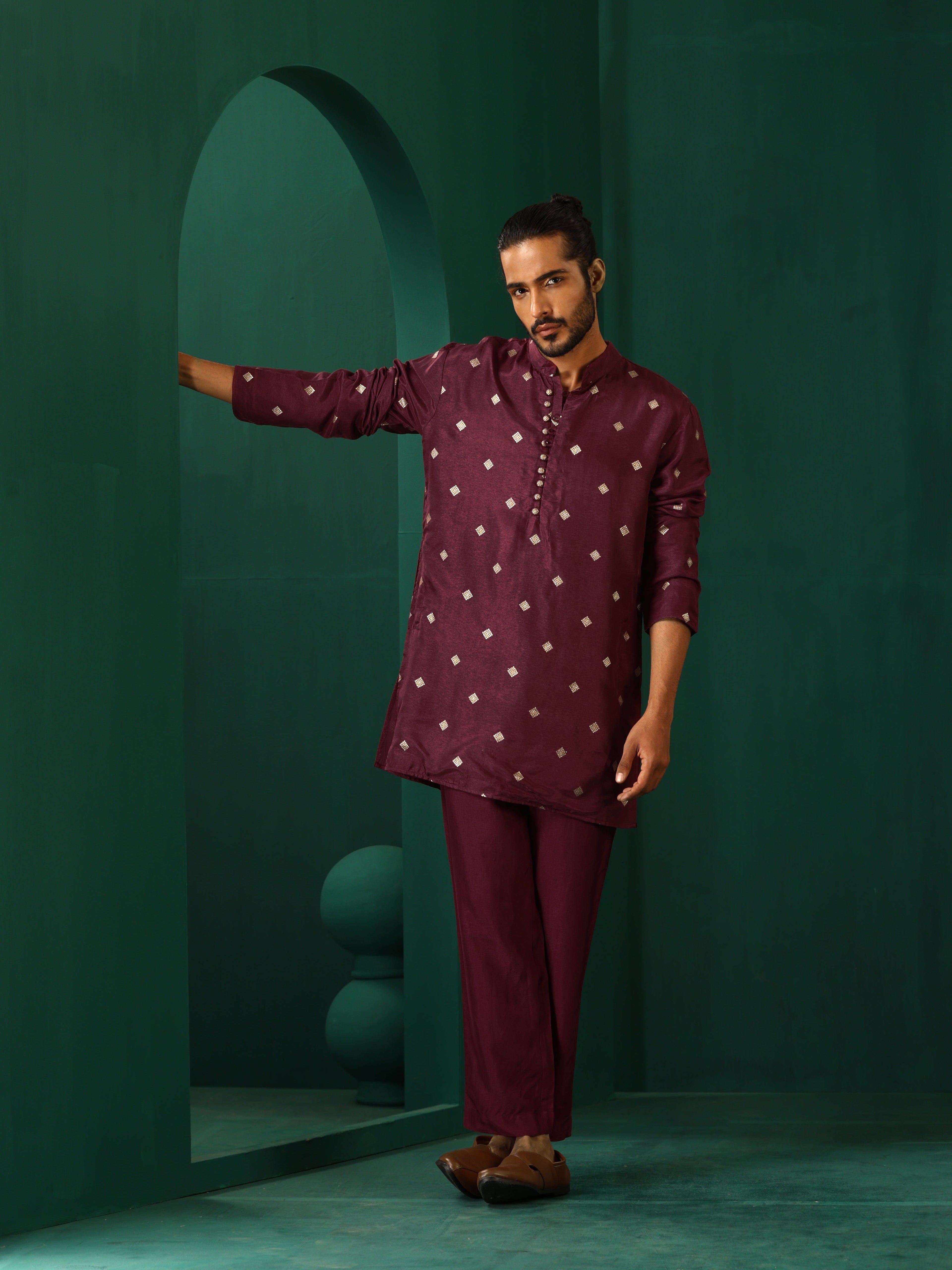 trueBrowns Men's Wine Diamond Viscose Silk Co-ord Set | Grocsy