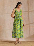 trueBrowns Lime Green Overall Teal Floral Block Print Cotton Sleeveless Wrap Dress | Grocsy