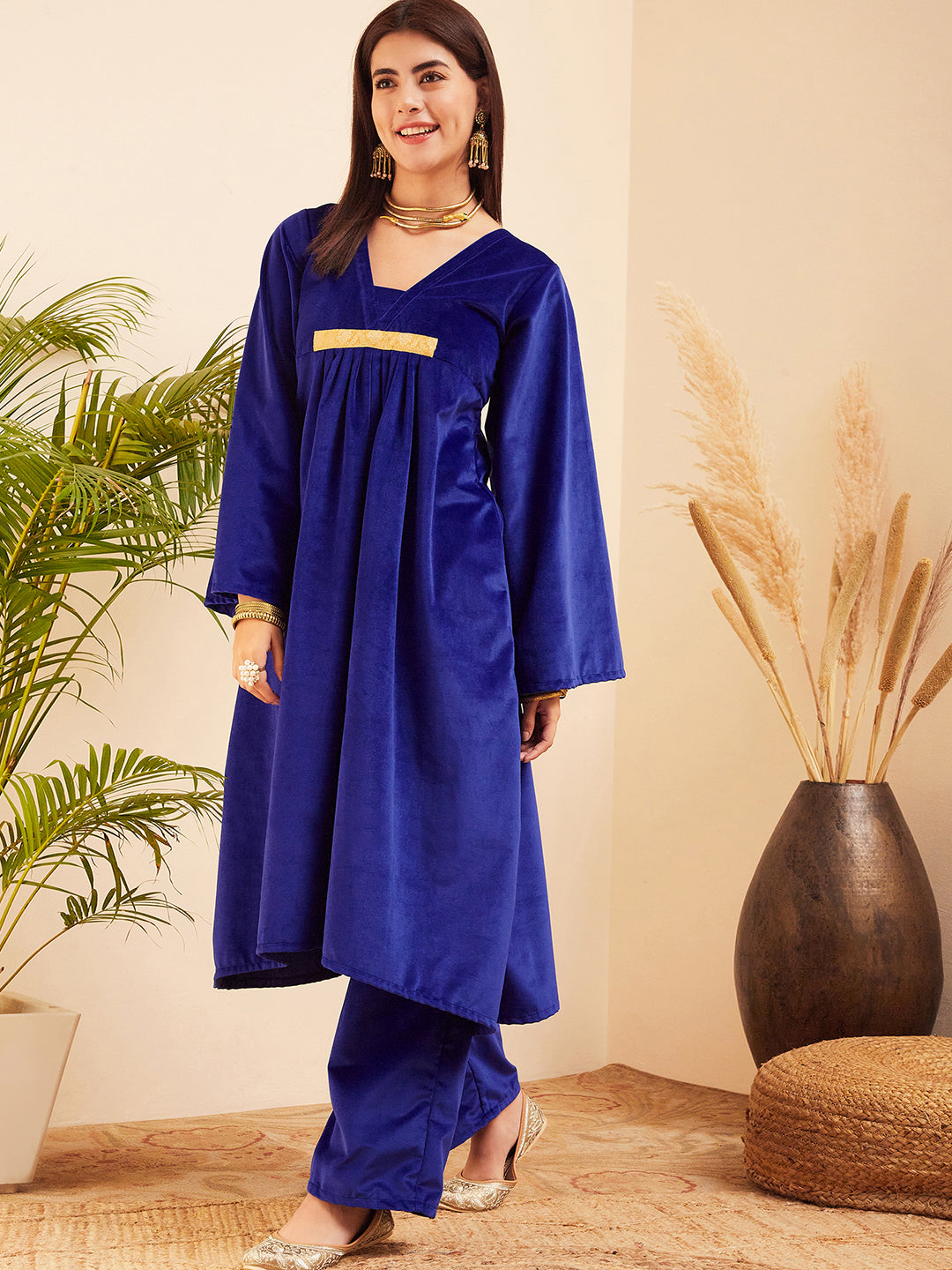 InWeave Women's Royal Blue V Neck Asymmetrical Pleated Velvet Kurta Set | Grocsy