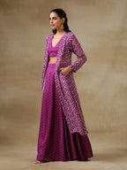 trueBrowns Purple Bandhani Printed Silk Top Skirt Jacket Set | Grocsy