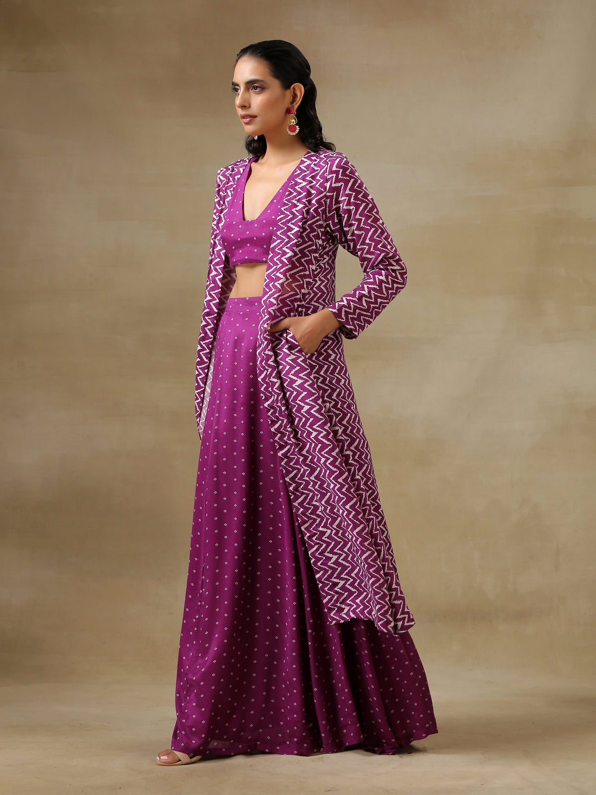 trueBrowns Purple Bandhani Printed Silk Top Skirt Jacket Set | Grocsy