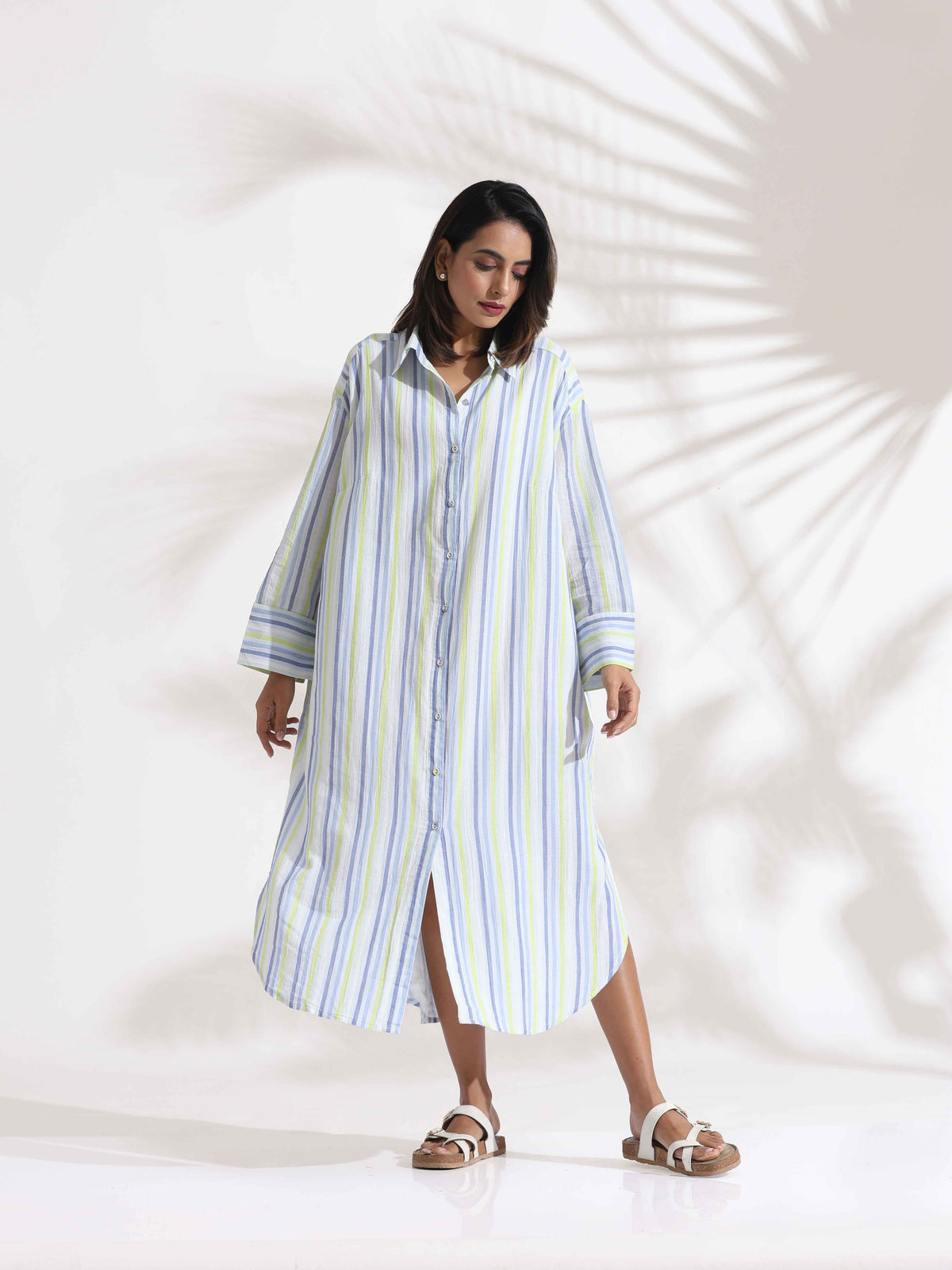 trueBrowns White Cotton Multi Stripe Shirt Dress | Grocsy