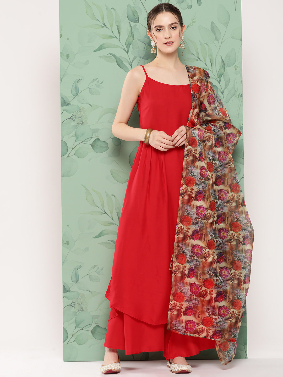 InWeave Women's Red Strappy Set W Camel Brown Or Duptta | Grocsy