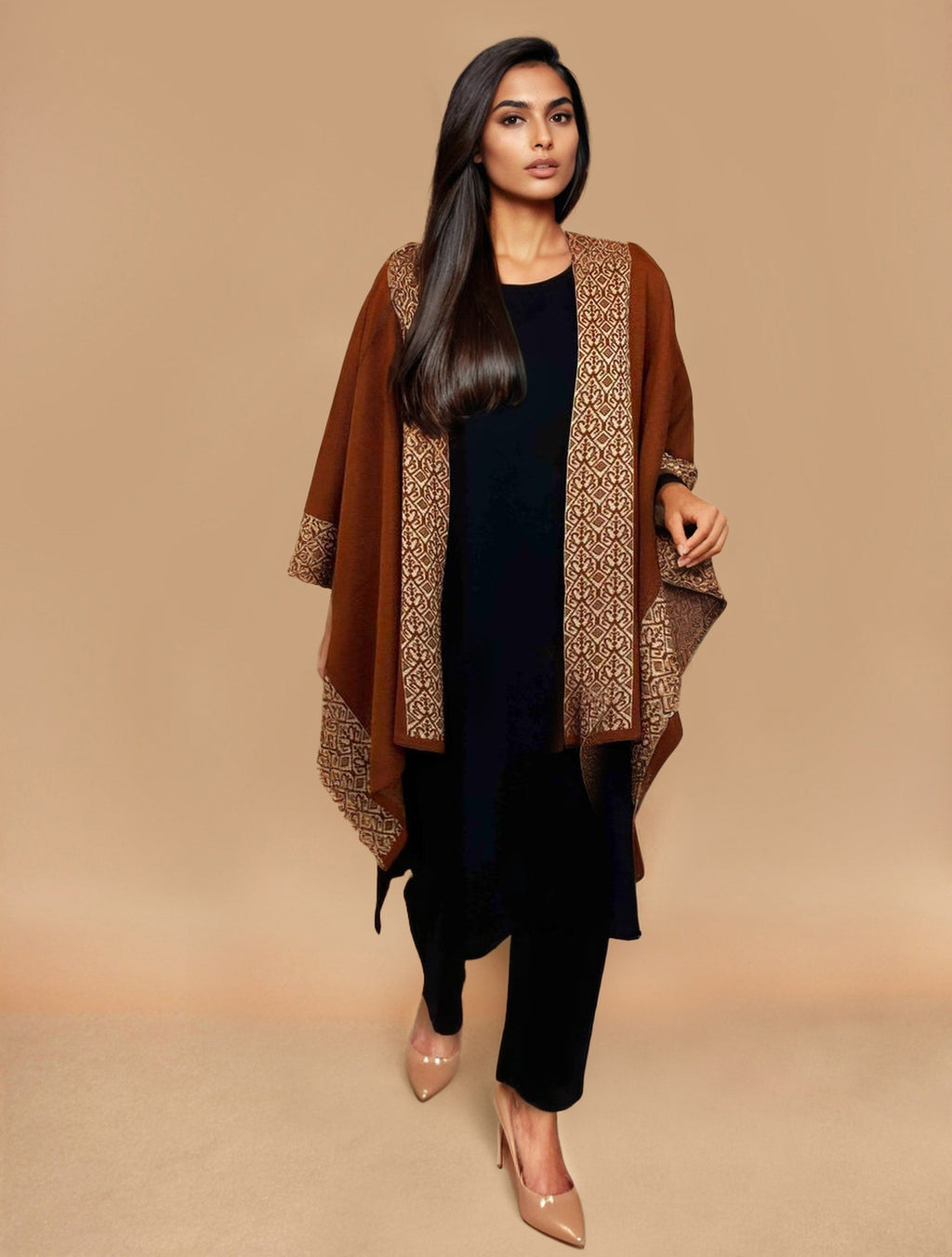 trueBrowns Brown Woollen Kaftan Cape | Grocsy