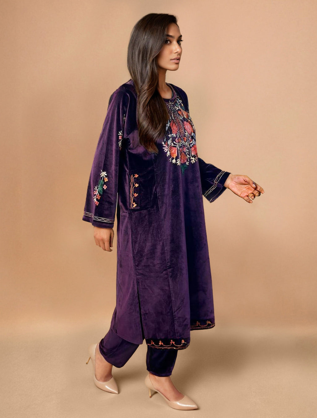 trueBrowns Wine Velvet Embroidered Kurta Set | Grocsy