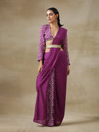 trueBrowns Purple Bandhani Printed Silk Ready to Wear Saree with Belt | Grocsy