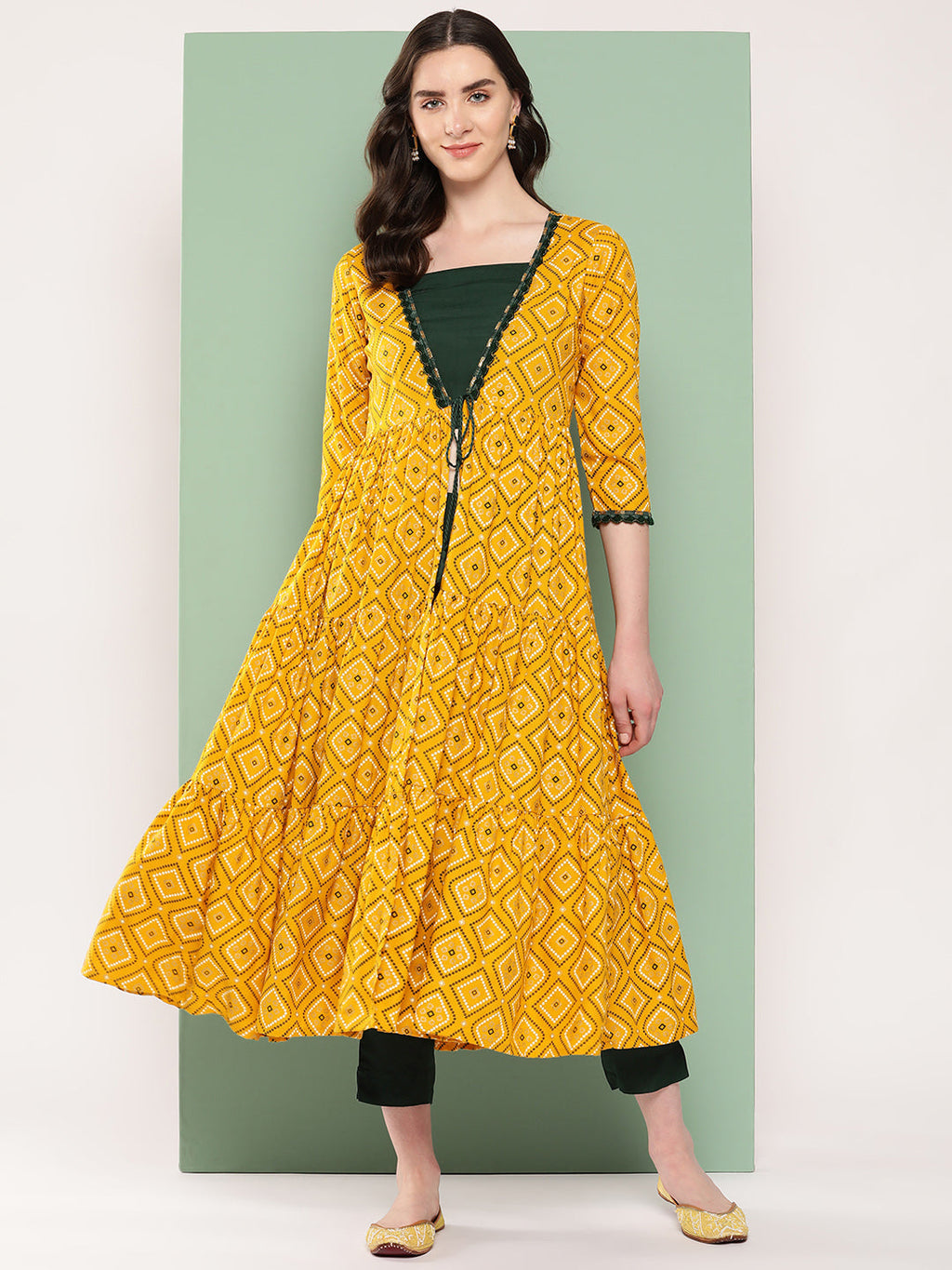 InWeave Women's Green Top Bottom W Mustard Bandhej Long Shrug Set | Grocsy