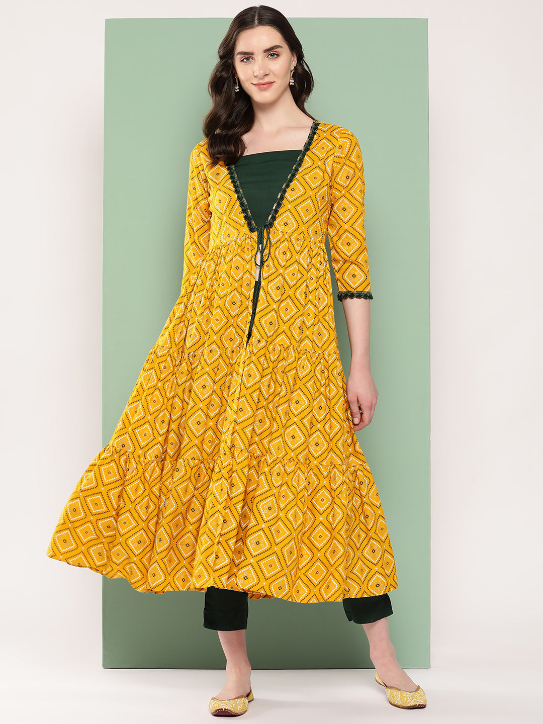 InWeave Women's Green Top Bottom W Mustard Bandhej Long Shrug Set | Grocsy