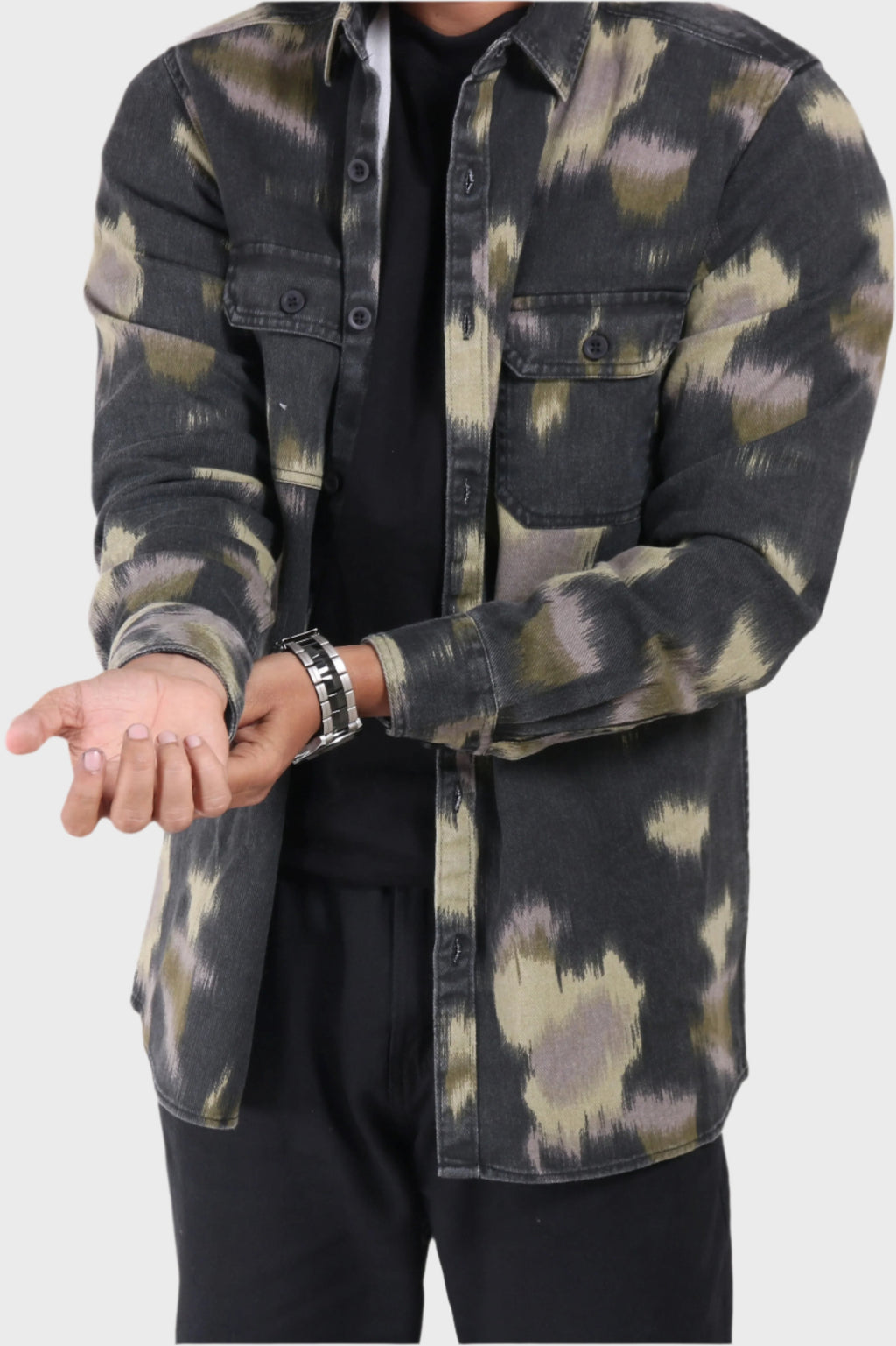 Xkind Light Green Printed Denim Shacket | Grocsy