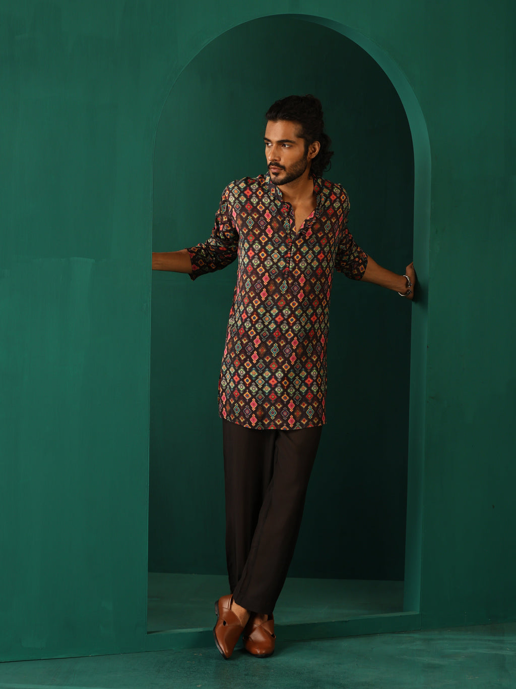 trueBrowns Men's Black Ikat Muslin Silk Printed Co-ord Set | Grocsy
