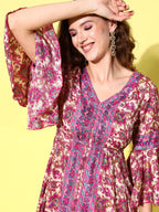 InWeave Women's Fuchsia Floral Prnited Bell Sleeve Short Dress | Grocsy