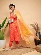 InWeave Women's Orange S Print Alia Cut Gota Work Kurta Set W Mustard Le Du | Grocsy