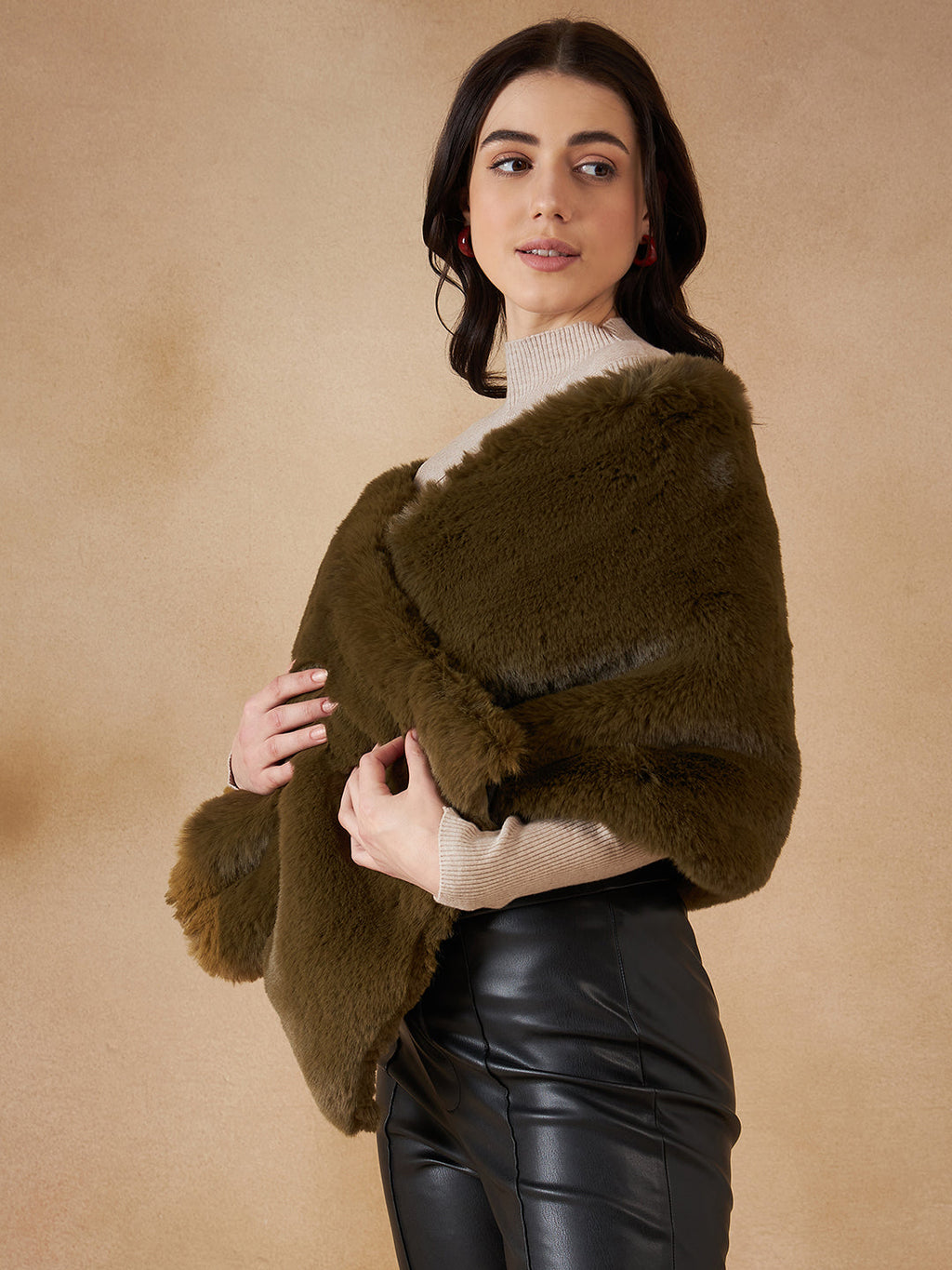 InWeave Women's Mehandi Green Long Faux Fur Cape | Grocsy