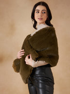 InWeave Women's Mehandi Green Long Faux Fur Cape | Grocsy