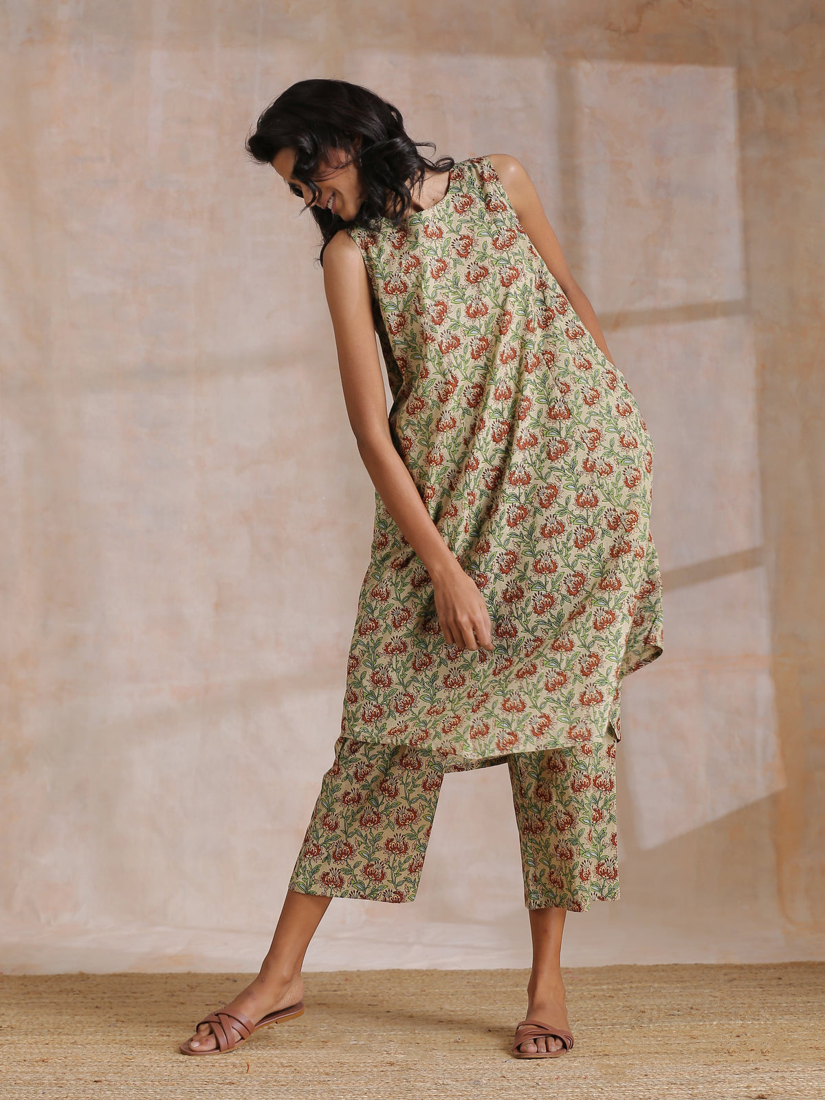 trueBrowns Beige Overall Brown Floral Block Print Cotton High-Low Co-Ord Set | Grocsy