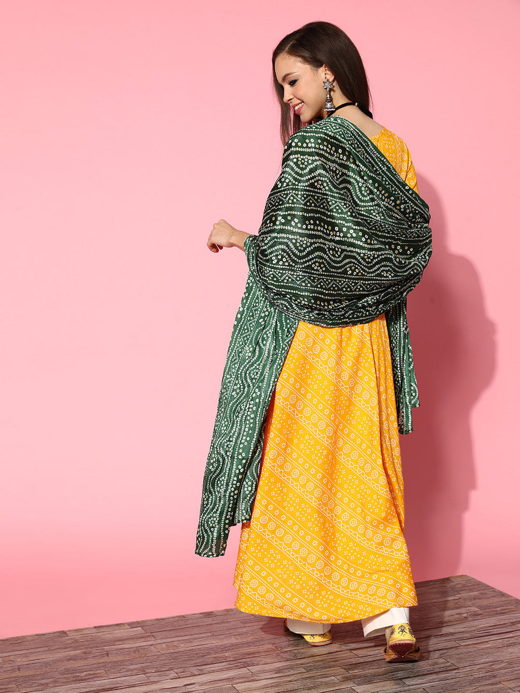 InWeave Women's Yellow Bandhani Long Anarkali Kurta With Green Bandhani Dupatta | Grocsy