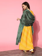 InWeave Women's Yellow Bandhani Long Anarkali Kurta With Green Bandhani Dupatta | Grocsy