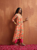 trueBrowns Orange Floral Print A-line Kurta Set | Grocsy