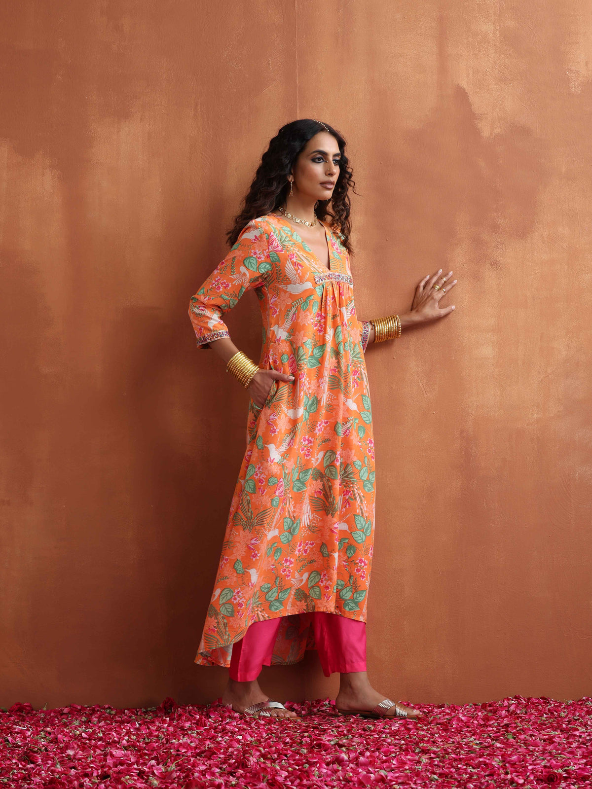 trueBrowns Orange Floral Print A-line Kurta Set | Grocsy