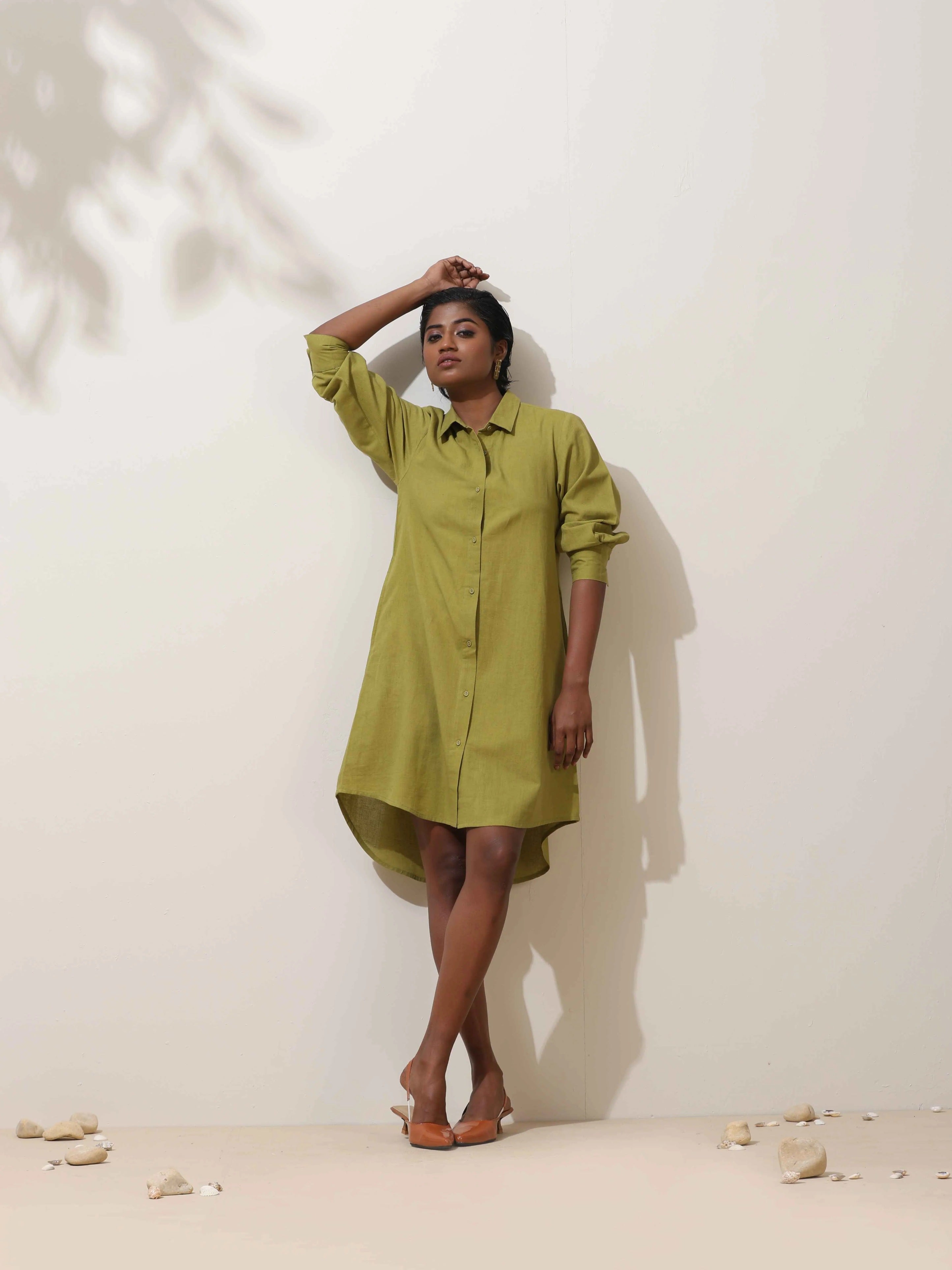 trueBrowns Pear Green Cotton Linen Dress | Grocsy