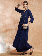 InWeave Women's Royal Blue Chikankari Long Anarkali Kurta Sharara Set | Grocsy