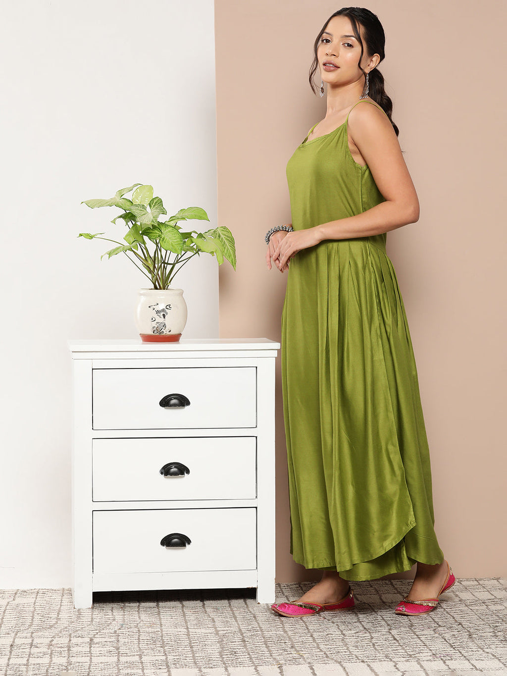 InWeave Women's Olive Green Strappy Set With Pink Green Floral Cape | Grocsy