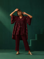 trueBrowns Wine Diamond Viscose Silk Waist Sleeve Gathered Co-ord Set | Grocsy