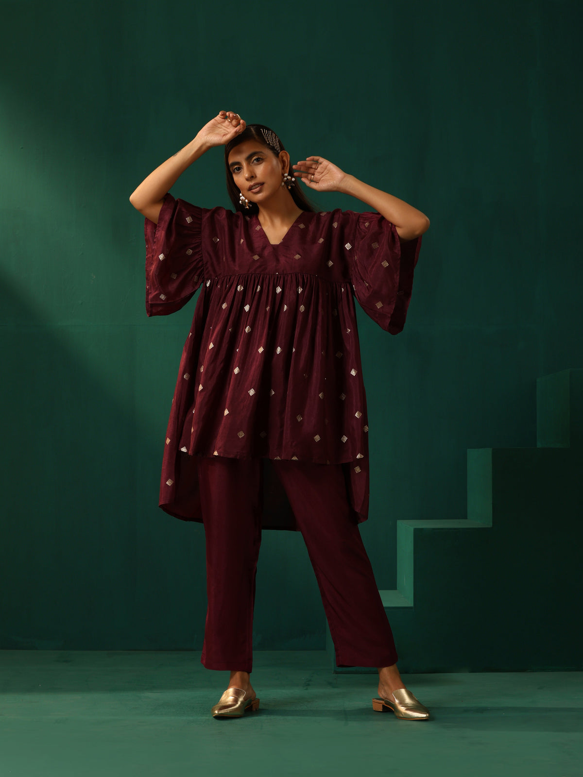 trueBrowns Wine Diamond Viscose Silk Waist Sleeve Gathered Co-ord Set | Grocsy