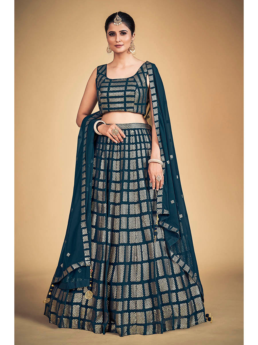 Myra Teal Blue Georgette Real Georgette Lehenga Choli | Grocsy