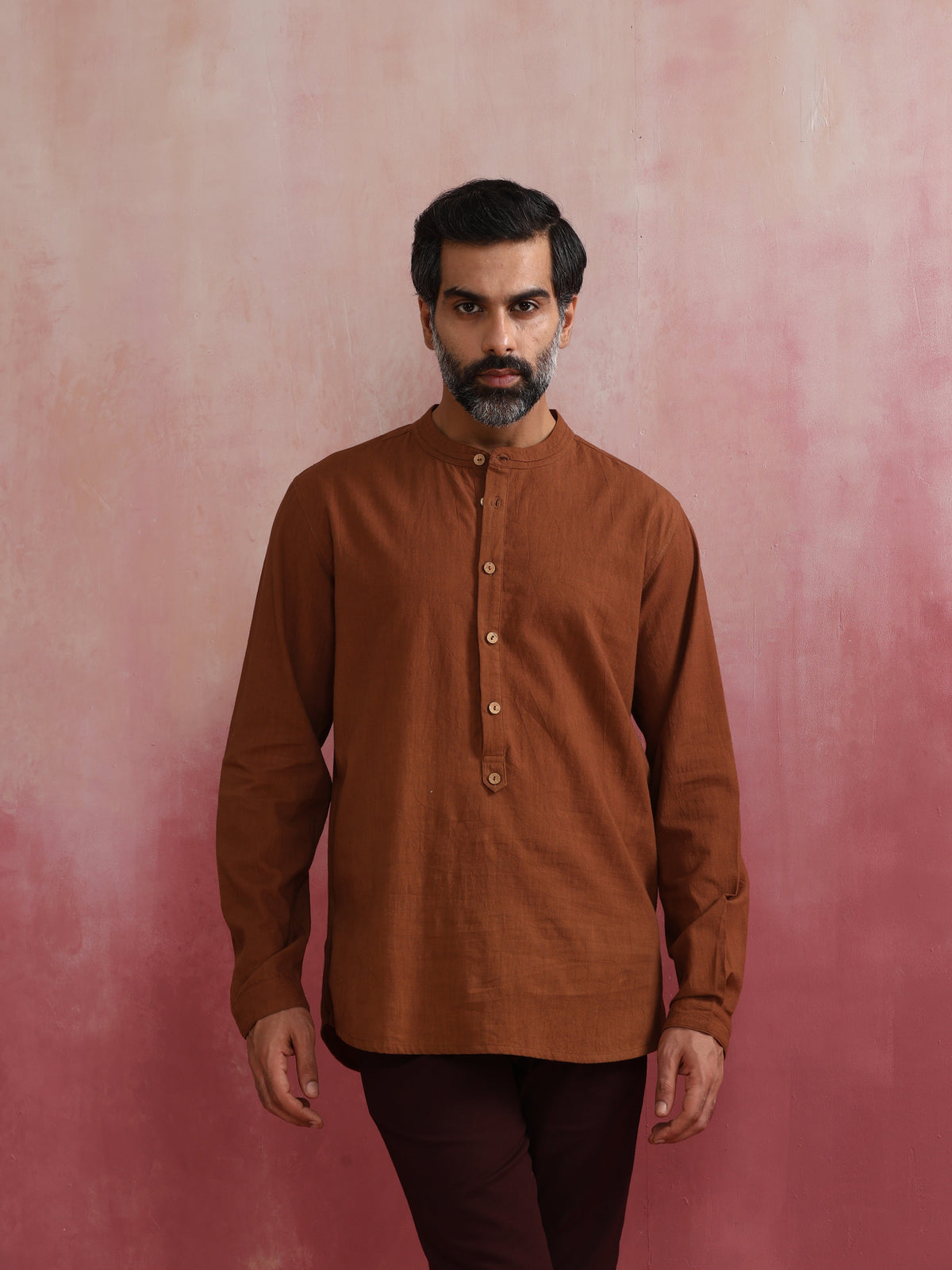 trueBrowns Men's Brown Cotton Mandarin Collar Stylized Kurta | Grocsy